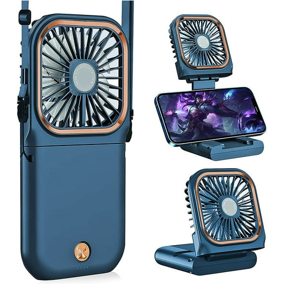 Allxin Portable Handheld Personal Necklace Fan Foldable Mini Quiet USB Rechargeable Fan With Mobile phone bracket function, 3000mAh Power Bank Hands Free Necklace Fans