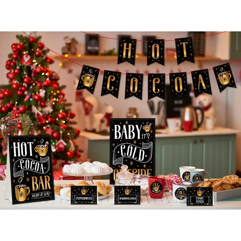 WhatSign Hot Cocoa Bar Kit Supplies Hot Cocoa Banner Sign Decor Winter  Wonderland Decorations Christmas Hot Chocolate Toppings Labels Cup Tags  Stickers Baby Its Cold Outside Baby Shower Decorations 