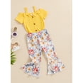 thumbnail image 2 of Suealasg Toddler Girls Clothes 6M 1T 2T 3T 4T 5T Short Sleeve Bow Button Closure T-shirt +Flower Print Flare Pants 2Pcs Little Girls Summer Casual Outfits, 2 of 6