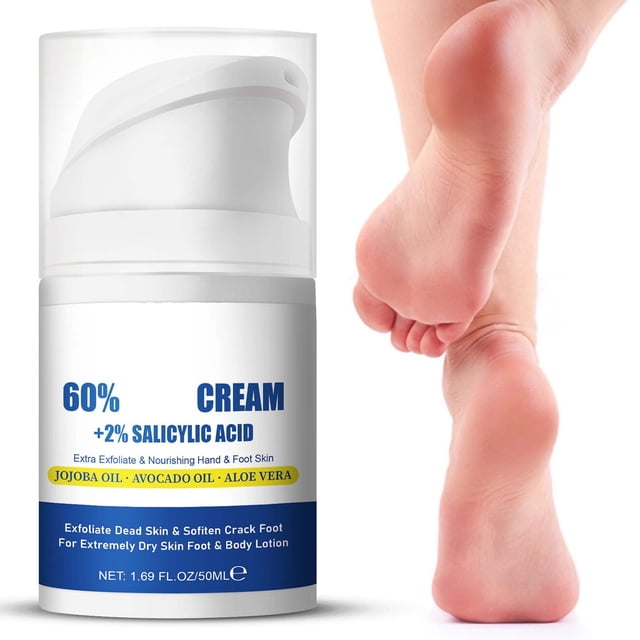 puntoco crema para pies con ácido salicílico, loción intensiva para pies y cuerpo y eliminador de callos con aloe vera y aceite de árbol de té, envase blanco de 50 ml frontal con dispensador y etiqueta azul que muestra porcentajes; par de pies desnudos en perfil con plantas aparentes suaves, enfatizando hidratación profunda y alivio de callos según especificaciones; a menudo usada para suavizar piel áspera.