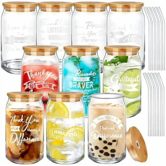 10 Pieces Thank You Gifts Bulk Inspirational Employee 16oz Glass Cups with Lids and Straws Funny Drinking Can Shaped Glass Cups Tumbler for Employee Coworker Friends Teacher Beer Wine Iced Coffee