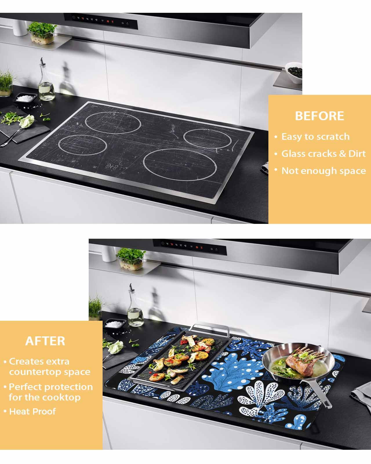 nqOlkjepod Large Induction Cooktop Protector Mat 24"x21", Summer Blue Coral Stove Top Covers for Electric Stove, Coastal Watercolor Ocean Plant Stove Burner Cover Mats, Glass Top Stove Cover