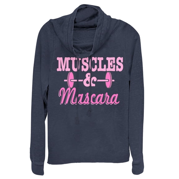 Junior's CHIN UP Barbell Muscles and Mascara Cowl Neck Sweatshirt Navy Blue Medium