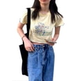 thumbnail image 3 of Camiseta corta estampada con cuello redondo, manga corta, corte ajustado, Top de verano para mujer para ir de compras a diario, 3 of 8