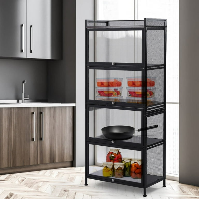 Metal Kitchen Cabinet Orgarnizer, 5 Layers Freestanding Kitchen Storage  Shelves Backer's Rack with Clamshell Glass Doors Black/White