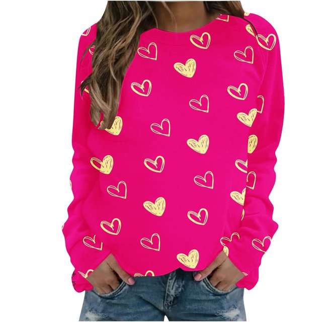 Diufon Hauts de la Saint-Valentin pour Femmes Manches Longues Col Rond Chandail Décontracté Tendance Mignon Imprimé Graphique Blouse