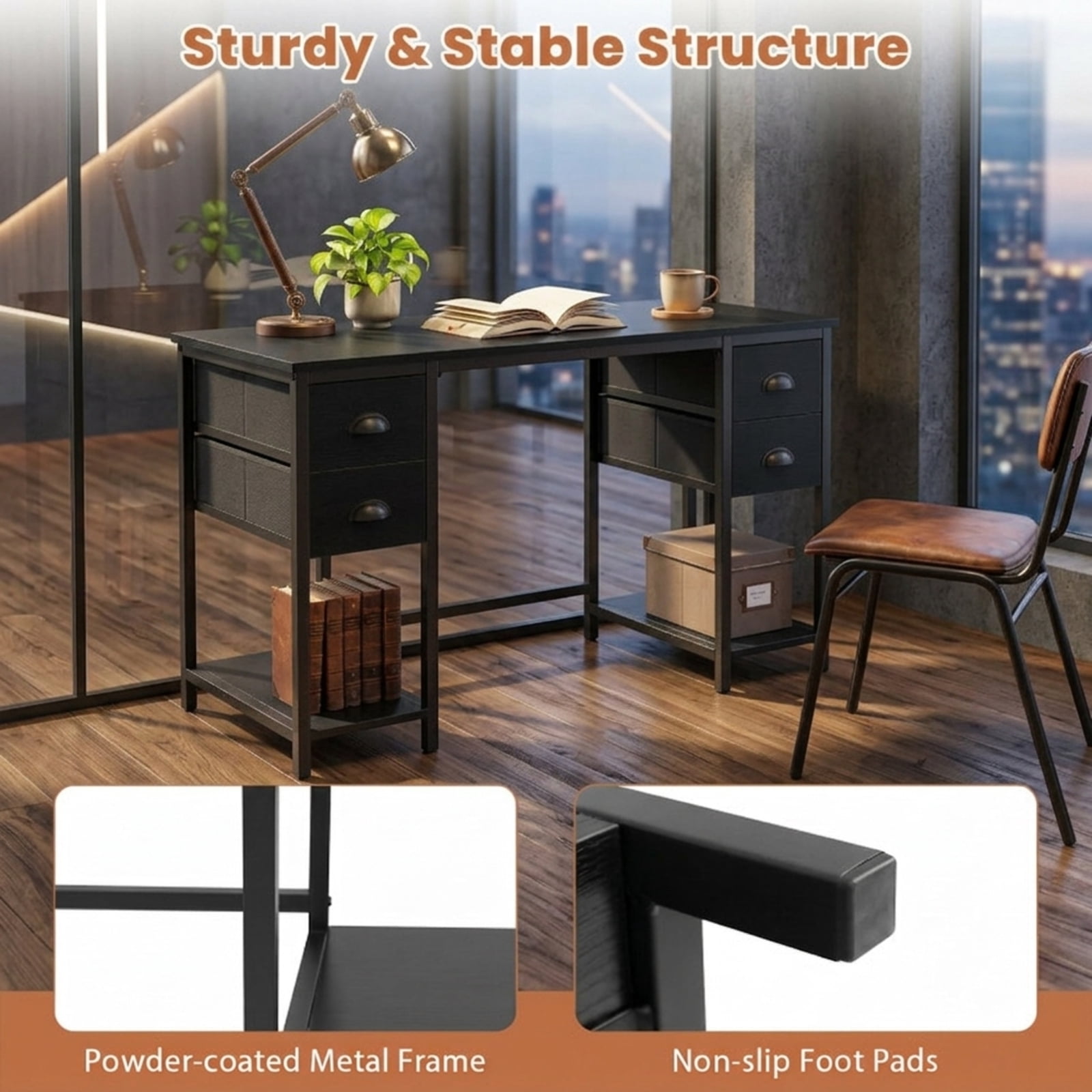 Furnibear 48 Inch Computer Desk with Power Outlet, Home Office Desk with 4 Fabric Drawers and Storage Shelves for Study, Black