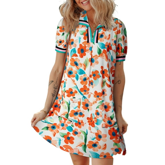 Women's Orange Contrast Trim Floral Puff Sleeve Mini Dress with Split Neck - [ZhiHiMeRi] | (US 12-14)L