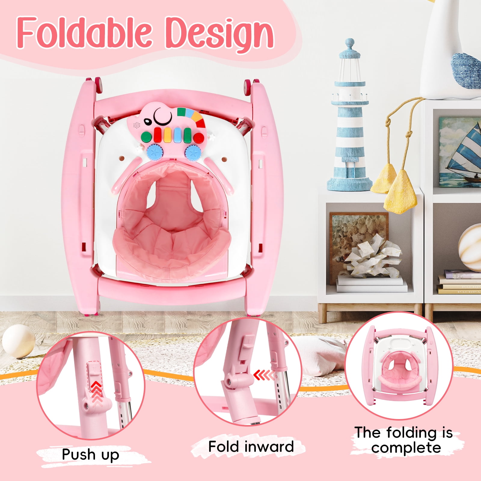 XIOYIG 5 in 1 Baby Walker, Music and Lights Walker for Baby Boy Girls 6-18 Months, Foldable Baby Walkers with Wheels and Bouncer Combo Portable, Toddler Infant Walker with Adjustable Height
