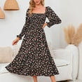 thumbnail image 4 of Black Dresses for Women Puff Long Sleeve Printing Floral Pattern Holiday Dress Square Neck Fit And Flare Trendy Vacation Casual Sun Dress Maxi Fashion Daily A-Line Blouse Pleated Swing Hem Dress,L, 4 of 6