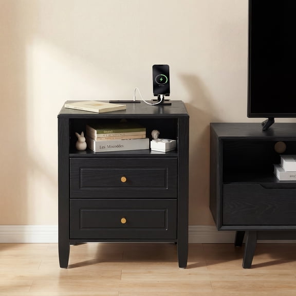 Nightstand with Charging Station Modern Bedside Table 2 Drawers Open Storage Shelf Gold Knobs Tapered Legs Side Cabinet for Bedroom Living Room