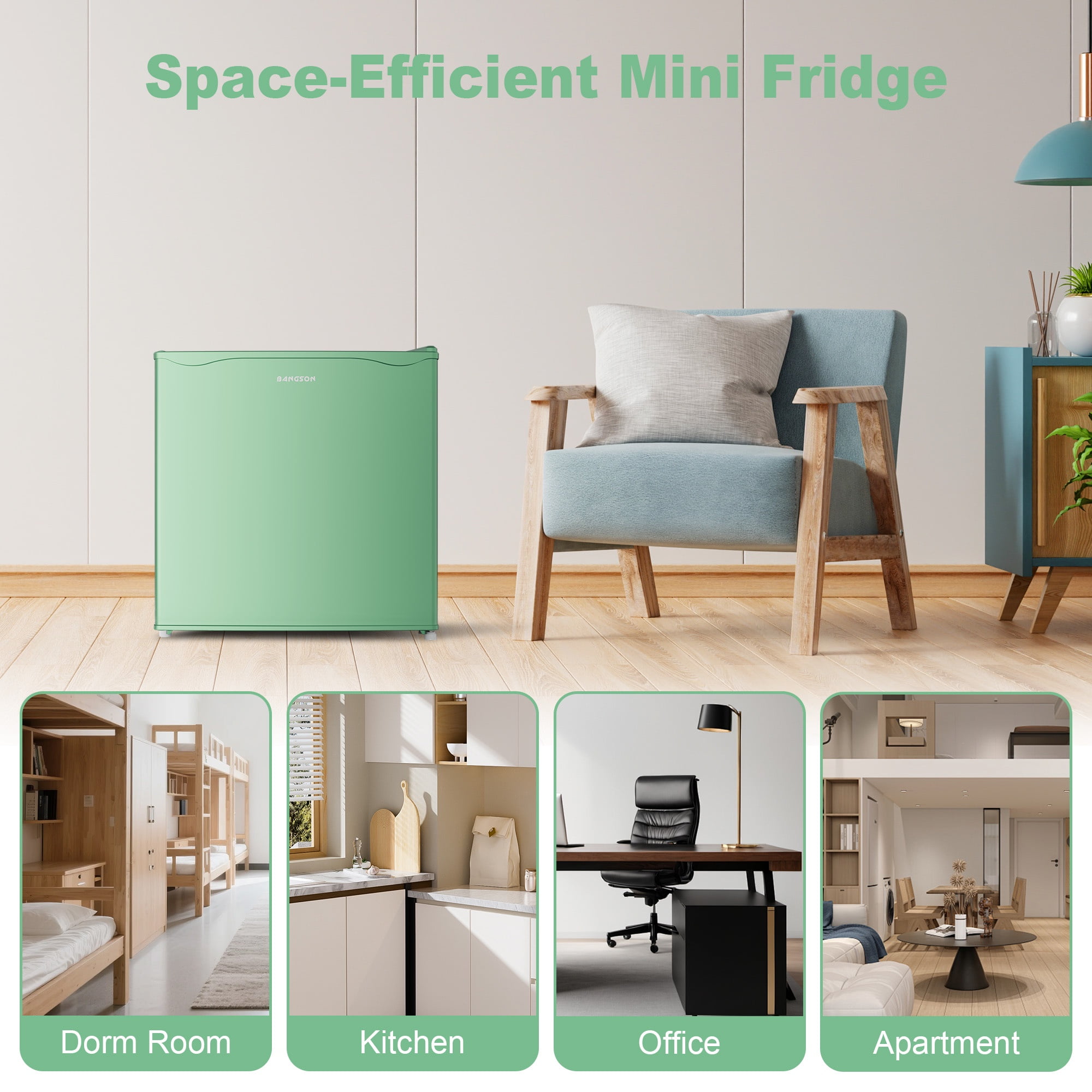 BANGSON 1.6 Cu.Ft Compact Refrigerator with Freezer, Energy Saving & Low Noise Mini Fridge for Office, Dorm, Bedroom - Adjustable Temp, Reversible Door, ,Green
