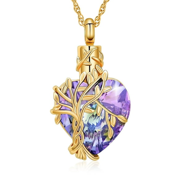 Tree of Life Urn Necklace for Ashes with Birthstone Heart Cremation Jewelry with Funnel Filler Memorial Jewelry Gifts for Women