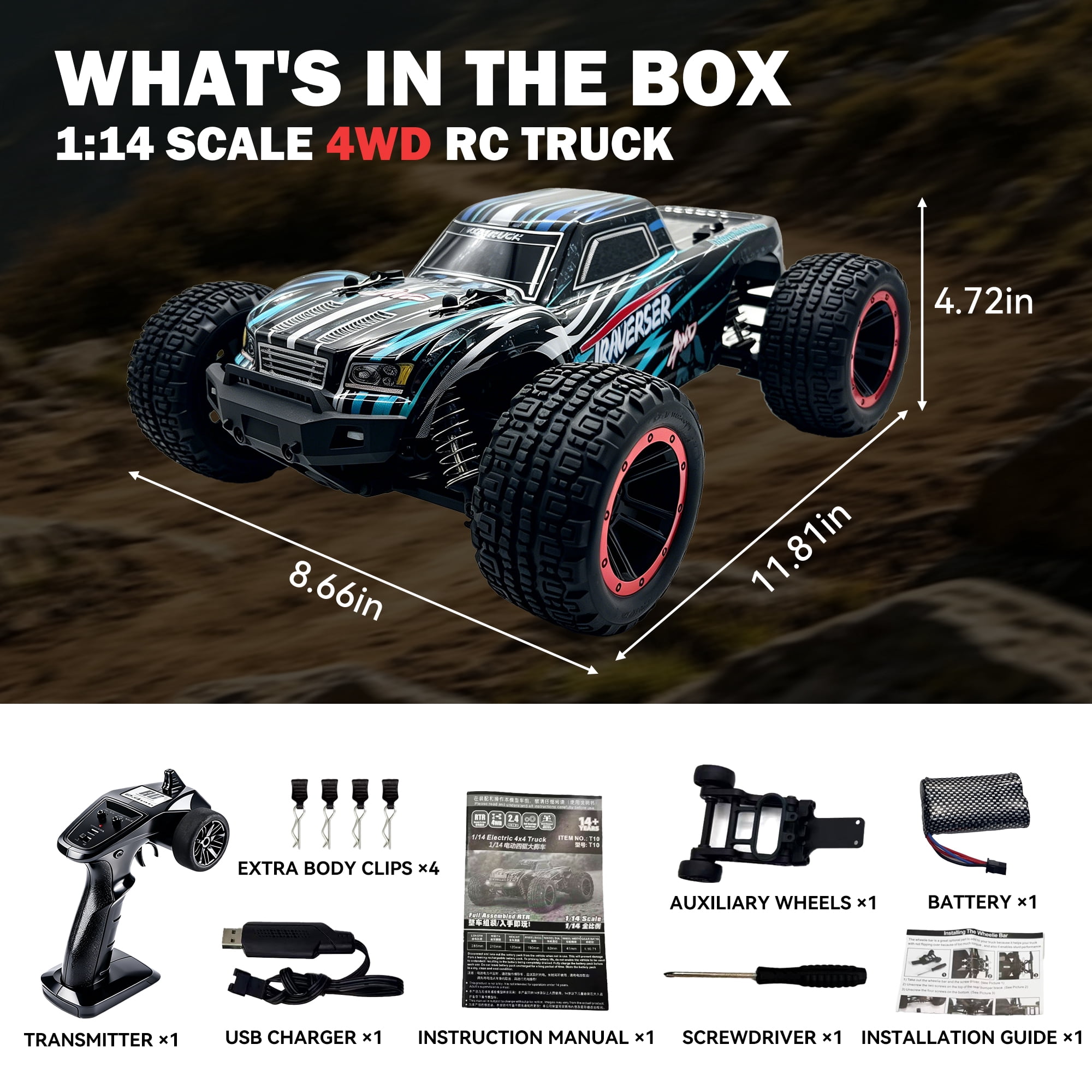 Xuanlur 1:14 Fast Brushless RC Car for Adults, Max 40+ mph Off-Road Truck w/2.4 GHz High Speed Remote Control,4WD, All Terrain Truggy for Snow, Sand & Mud, Blue