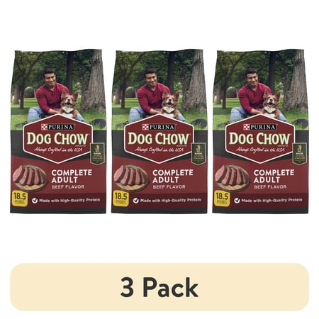 (3 pack) Purina Dog Chow Complete Adult Dry Dog Food for Adult Dogs, Kibble Beef Flavor 18.5 lb Bag