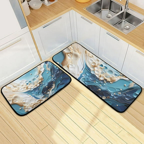 Abstract Marble Blue Kitchen Rugs Set of 2 Non Slip Floor Foam Mat Cushioned Soft Waterproof Carpet Runner for Dining Room Laundry