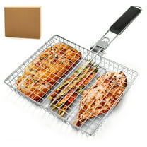 Folding Handle BBQ Tongs Grill Rack for Outdoor, Multi-Functional Grill Fish and Meat, Corn BBQ Mesh, Adjustable Handle, Stainless Steel, Ideal for Ninja Foodi Grill