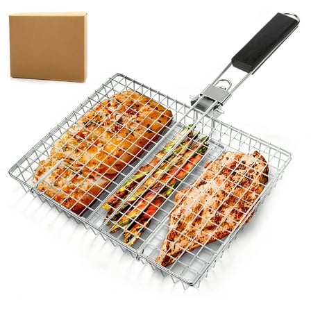 Folding Handle BBQ Tongs Grill Rack for Outdoor, Multi-Functional Grill Fish and Meat, Corn BBQ Mesh, Adjustable Handle, Stainless Steel, Ideal for Ninja Foodi Grill