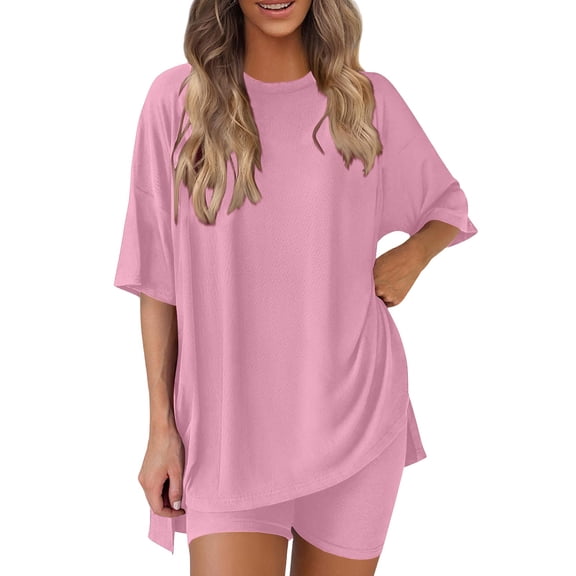 Cagogo Women's 2 Piece Shorts Set Casual Summer Cruise Outfits Loose Round Neck Short Sleeve Tops Comfy Pants Matching Lounge Sets Airport Travel Clothes, Pink M