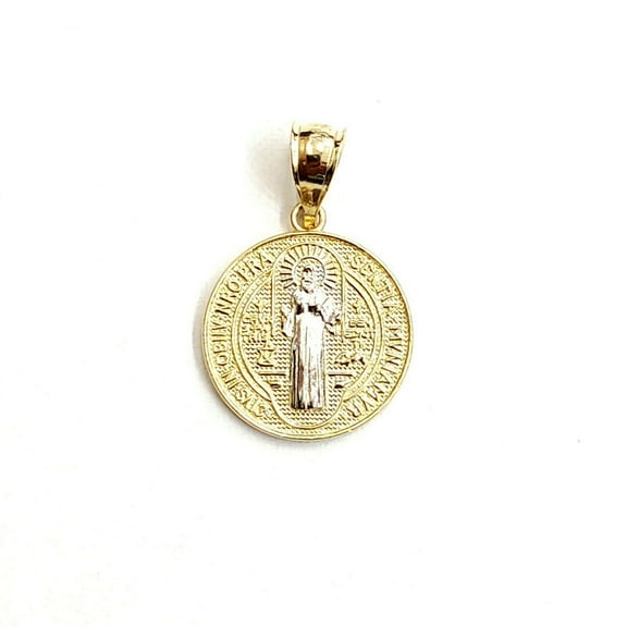 New 14k gold two tone round saint benedict san Benito pendant jewelry 0.56" 1.5g
