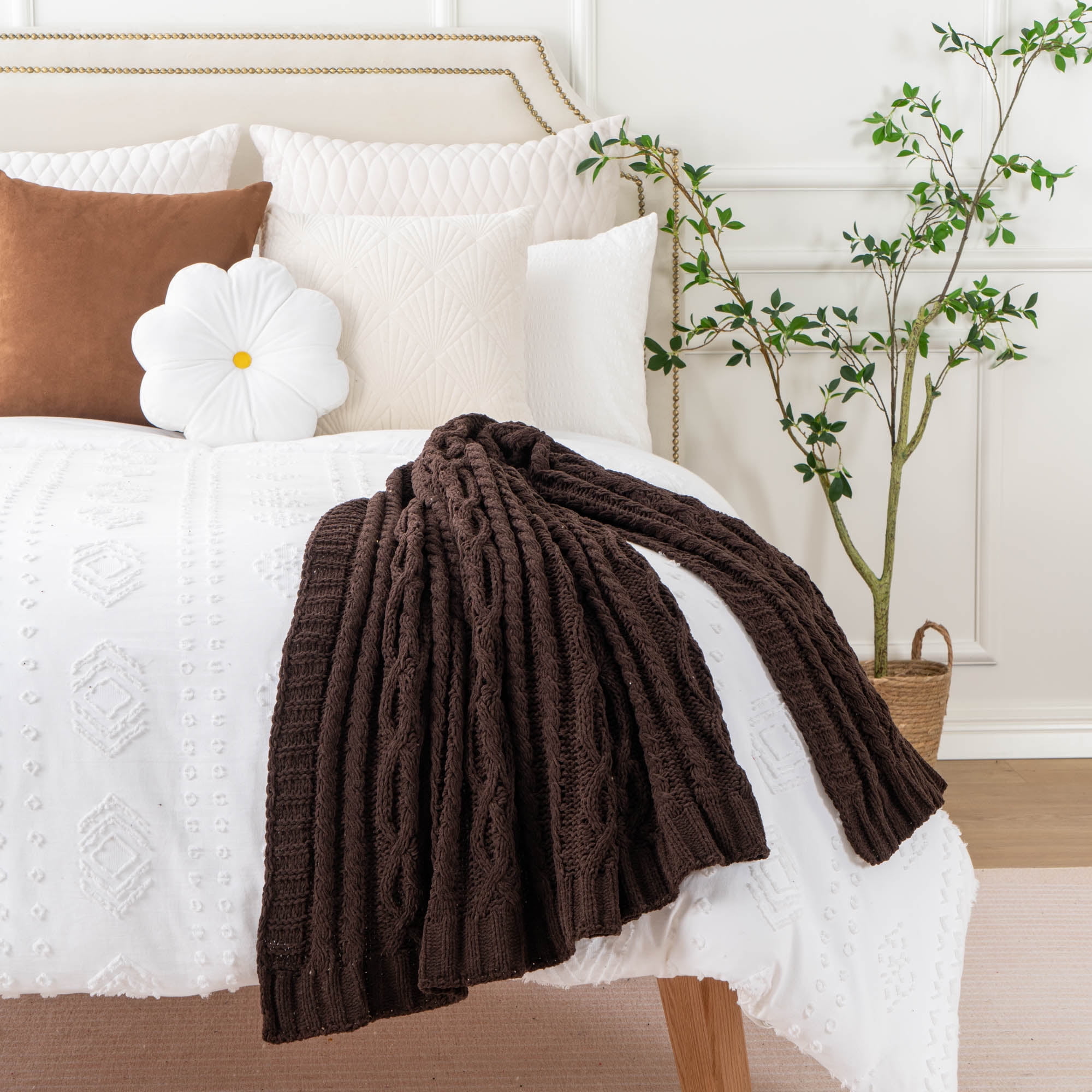 Battilo Chocolate Brown Chenille Throw Blanket, Soft Woven Knit Decorative Blanket for Couch Bed,51"x67"