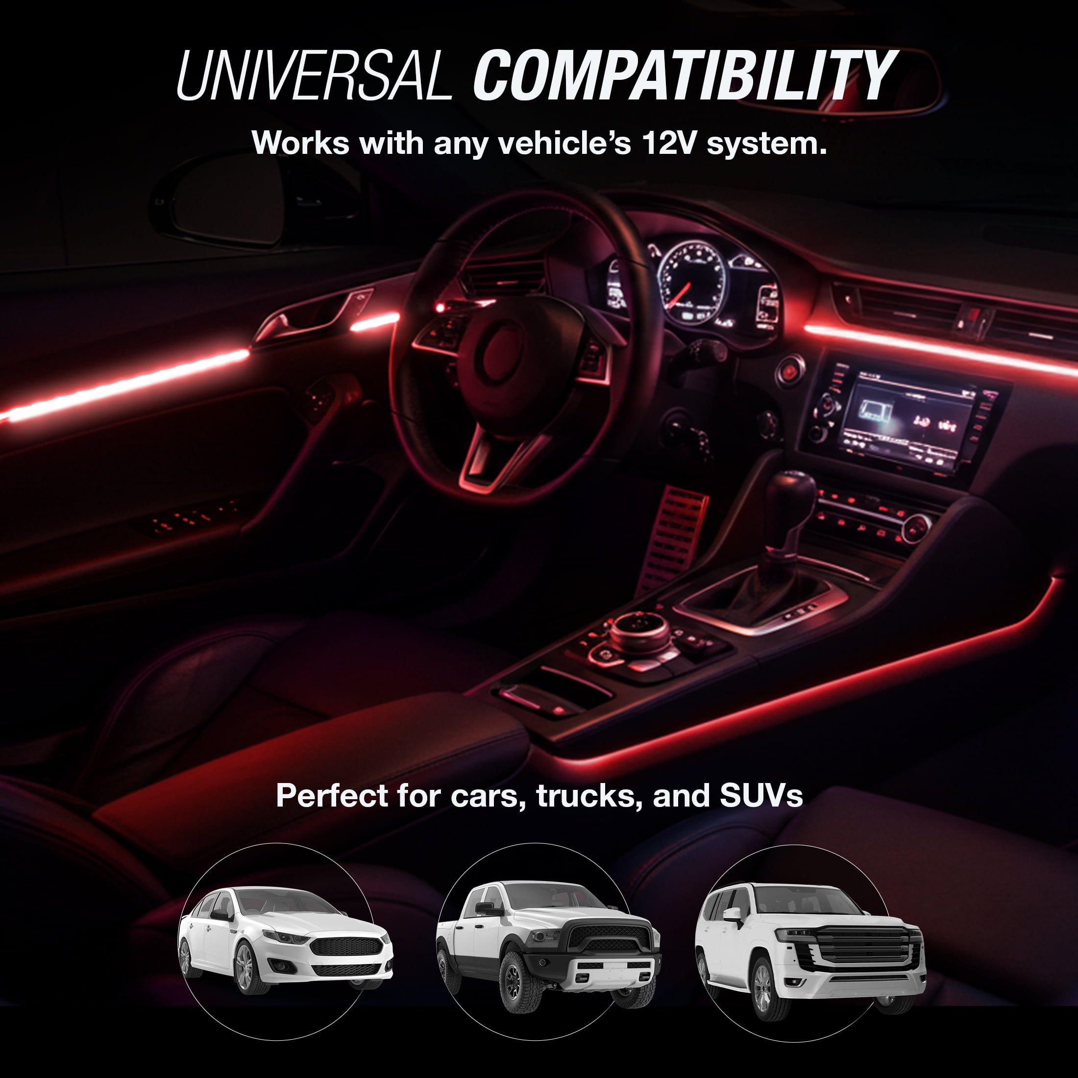 (2 pack) TYPE S - Infinite Glow Red LED Ambient Lighting - Car LED Strip Lights, Light Sync Technology, 3M Adhesive, Trimmable, 12V, 2 x 12" Red Strips, 24 inches