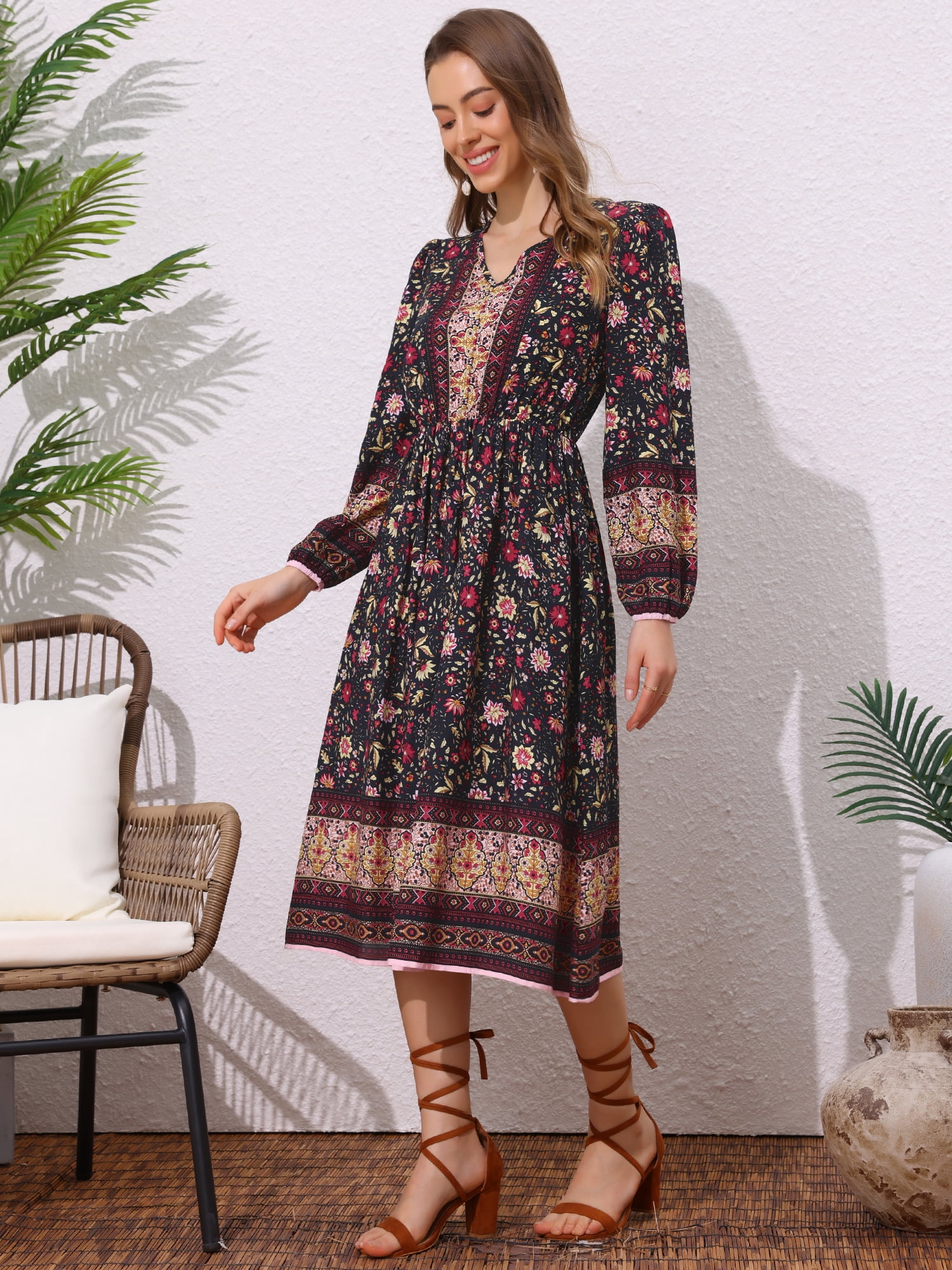 DARING DIVA Floral Elastic Waist Split A-Line Midi Dress M Navy Blue