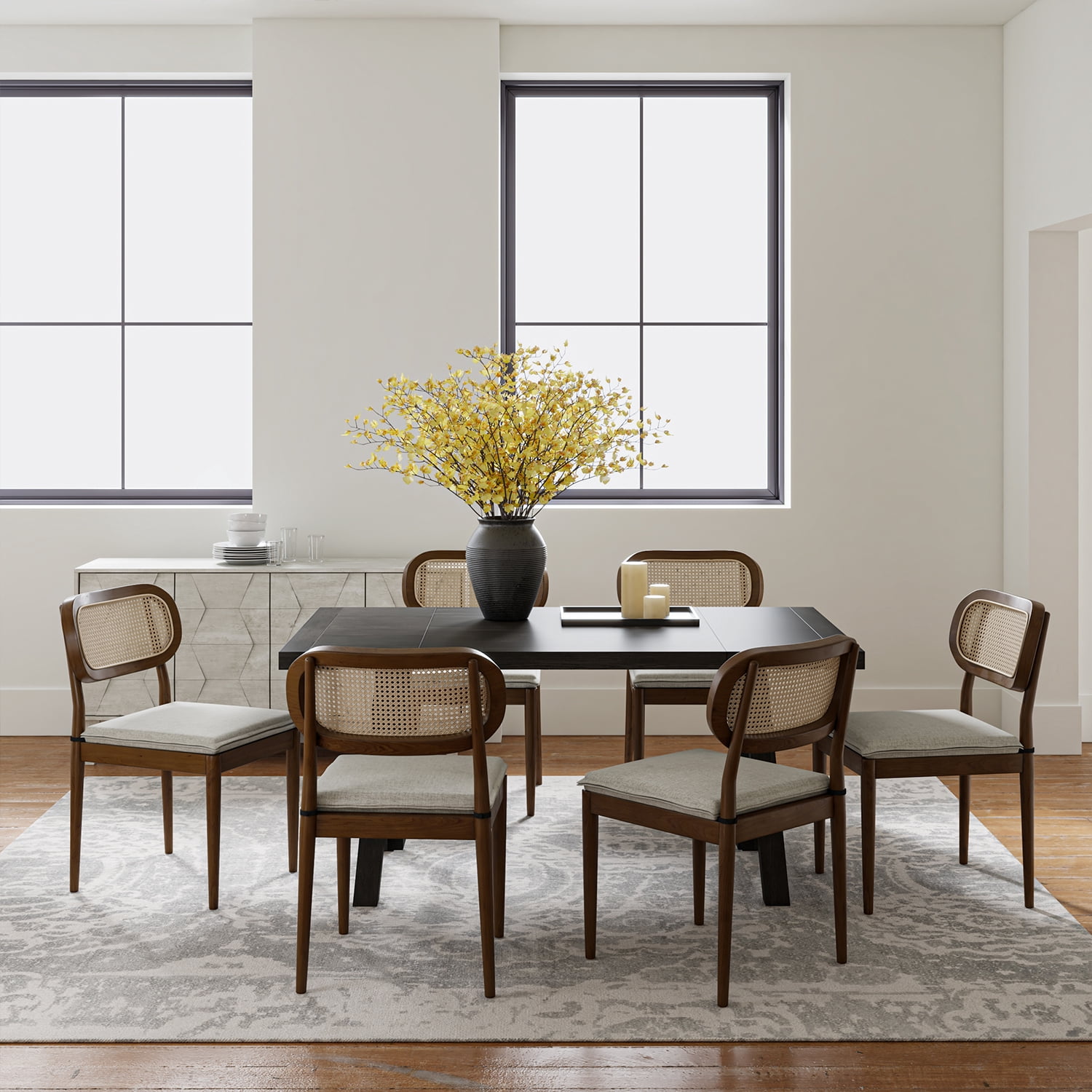 Farmhouse Dining Chairs Set of 6 Rattan Side Chairs Wood Legs Removable Cushion Home Kitchen Restaurant