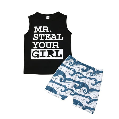 Mr. Steal Your Girl - Baby Boy Vest Tops+Shorts Set Waves Print Summer Outfits Clothes 6-12M