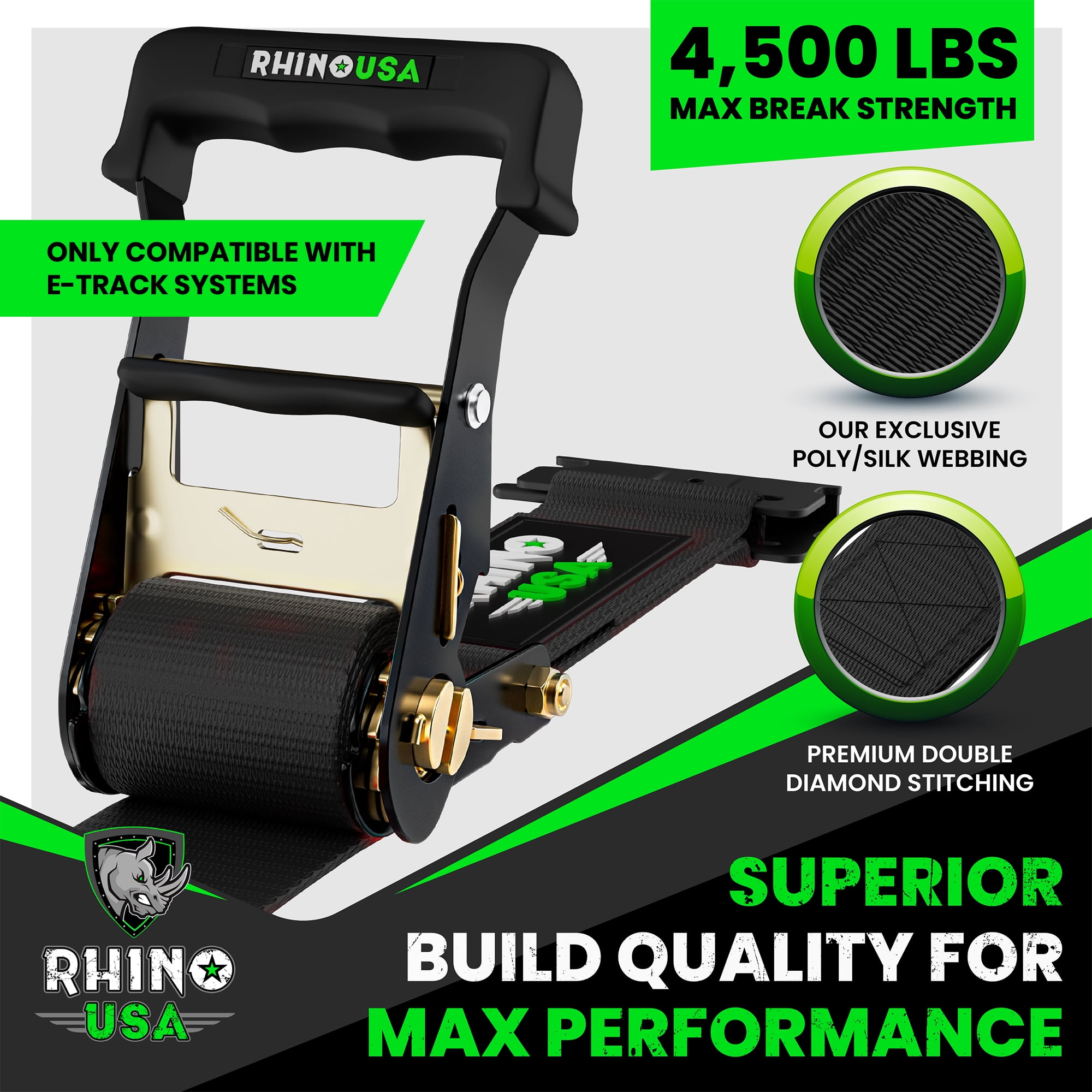 Rhino USA E Track Ratchet Tie Down Straps (4,500lb Break Strength) - w/ (4) Premium 2" x 16' eTrack Tie Down