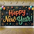thumbnail image 3 of Colorful Balloons Happy New Year Banner Firework Decorations New Year Display Star Patterns Party Hats Festive Backdrop for New Year Party Holiday Celebration Indoor Decoration, 3 of 9