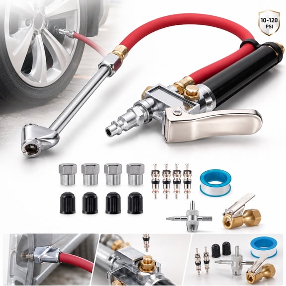Rongsi 10-120 PSI Heavy Duty Tire Pressure Gauge with Inflator Air Chuck with Pressure Gauge with 4 Way Tool and Valve Cores,Tire gauges for tire pressure for Car Automotive Truck