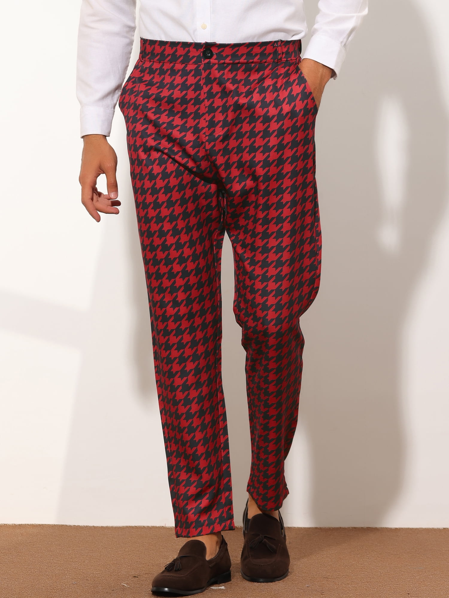 Unique Bargains Men's Houndstooth Dress Pants Big and Tall Business Plaid Trousers 36 Red