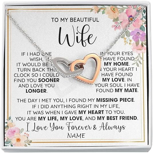 Personalized To My Wife Necklace From Husband, I Love You More, Wife Birthday Gift, Anniversary Gift for Wife with Message Card and Gift Box, Interlocking Heart Necklace for Women
