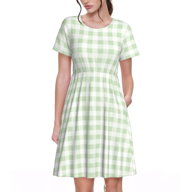 Balery Pistachio Green Checkboard Vestidos sueltos de manga corta para mujer, vestidos de verano 2025, vestidos casuales de corte A con vuelo.