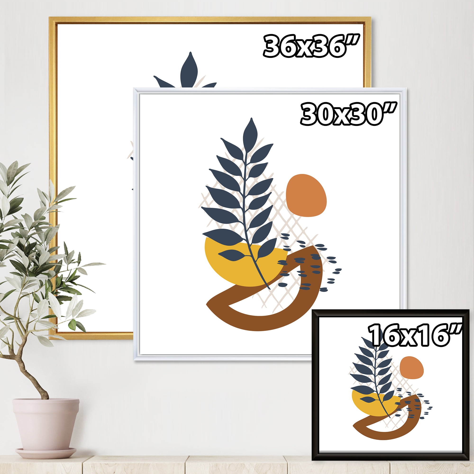 Designart 'Abstract Leaves With Elementary Shapes' Modern Framed Canvas Wall Art Print