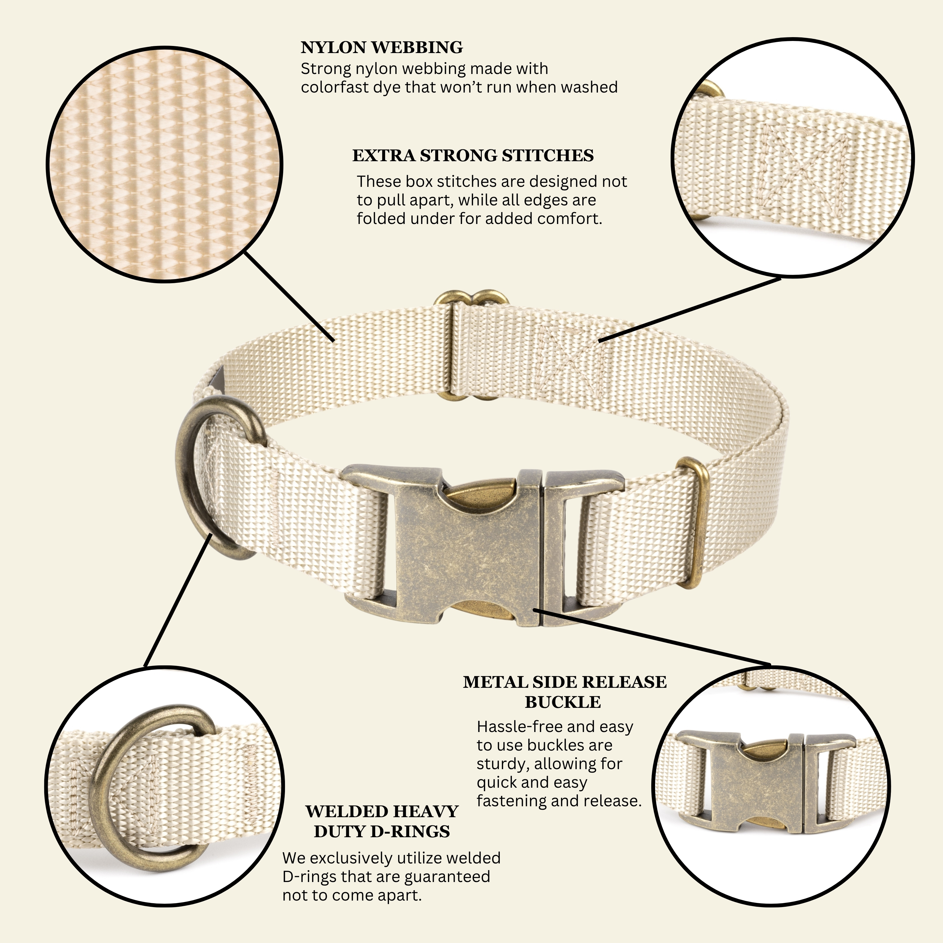 Country Brook Petz® Premium Nylon Dog Collar with Metal Buckle for Small Medium Large Breeds (Large, 1 Inch, Almond)