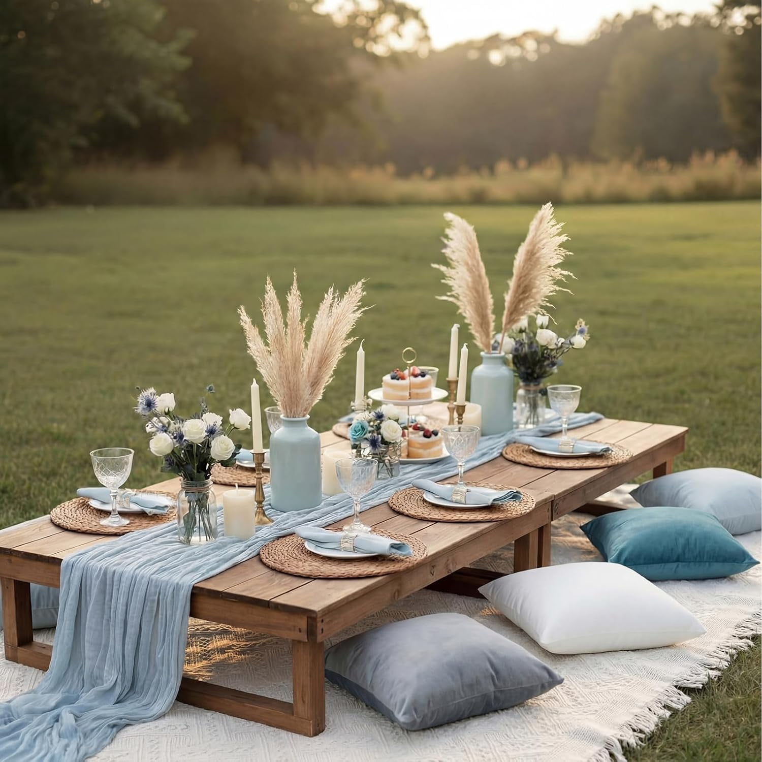 10 Pcs 71''x102'' Extra Large White Outdoor Boho Picnic Blanket with Table Runner 8 Blue Throw Pillow Cover Oversized Washable Portable Beach Blanket for Valentine Picnic Camp Lawn Wedding