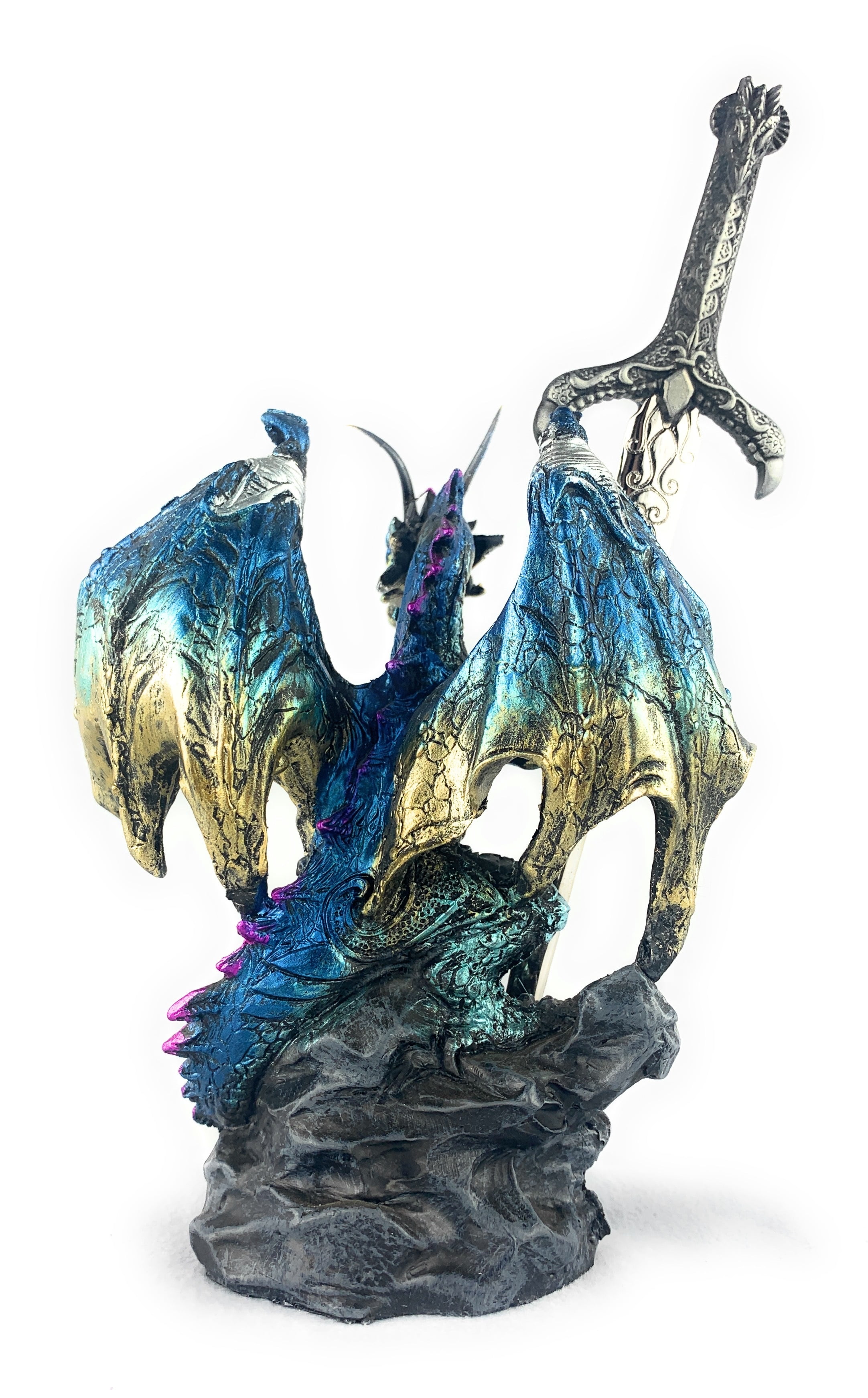 Ain’t It Nice Dragon Statue with Medieval Dragon Sword and Crystal Ball Collectible Dragon Figurine Fantasy Medieval Dragon Décor, Blue & Gold Colored 4(L) 2(W) 7(H) inches