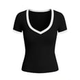 thumbnail image 6 of Ribbed Short Sleeve Tops for Women V Neck Ribbed Knit Color Block T Shirts Low Cut Fitted Casual Summer Basic Tees 2026 Black XL, 6 of 6