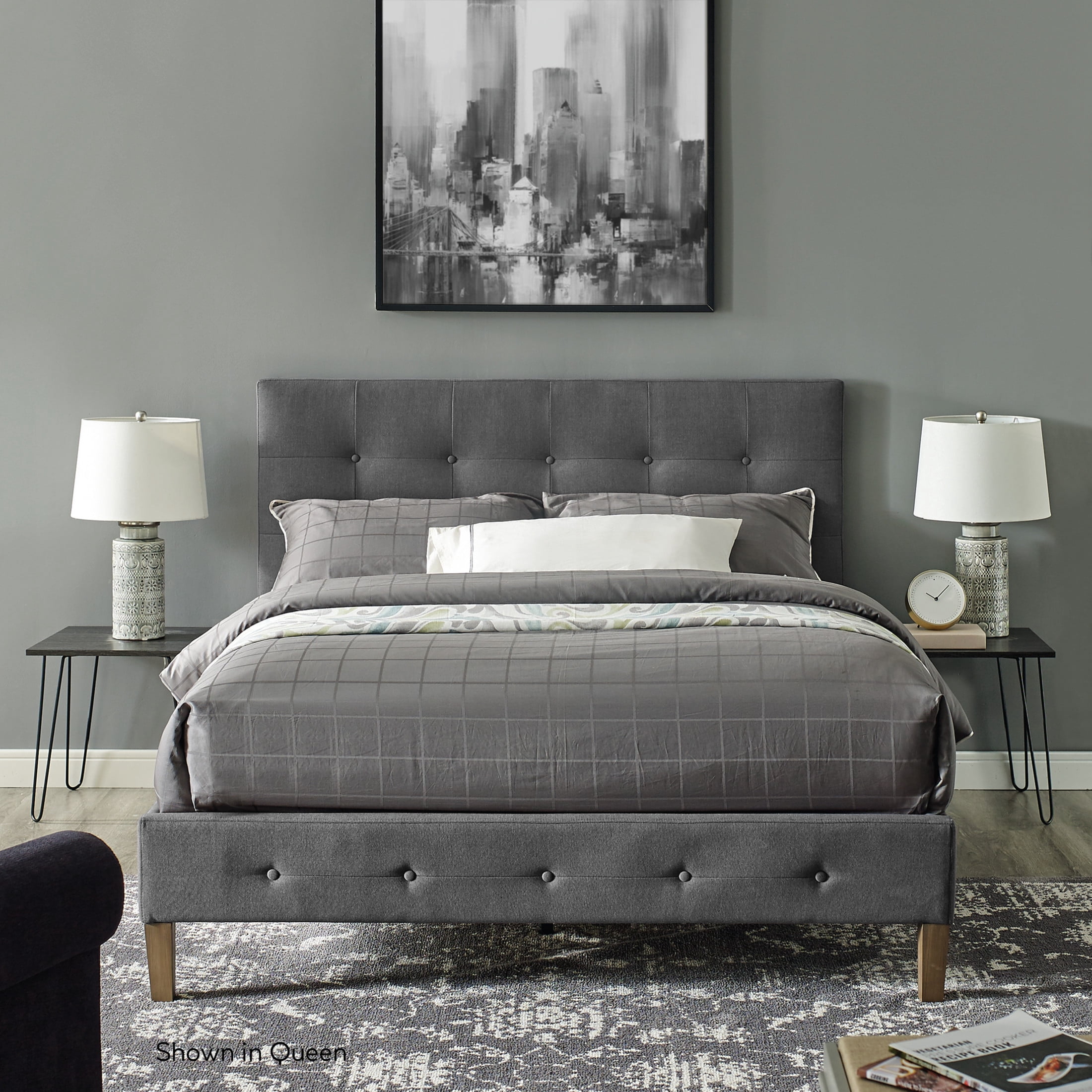 DeCoro Seattle Modern Tufted Upholstered Platform Bed | Headboard and Wood Frame with Wood Slat Support, King, Peyton Steel