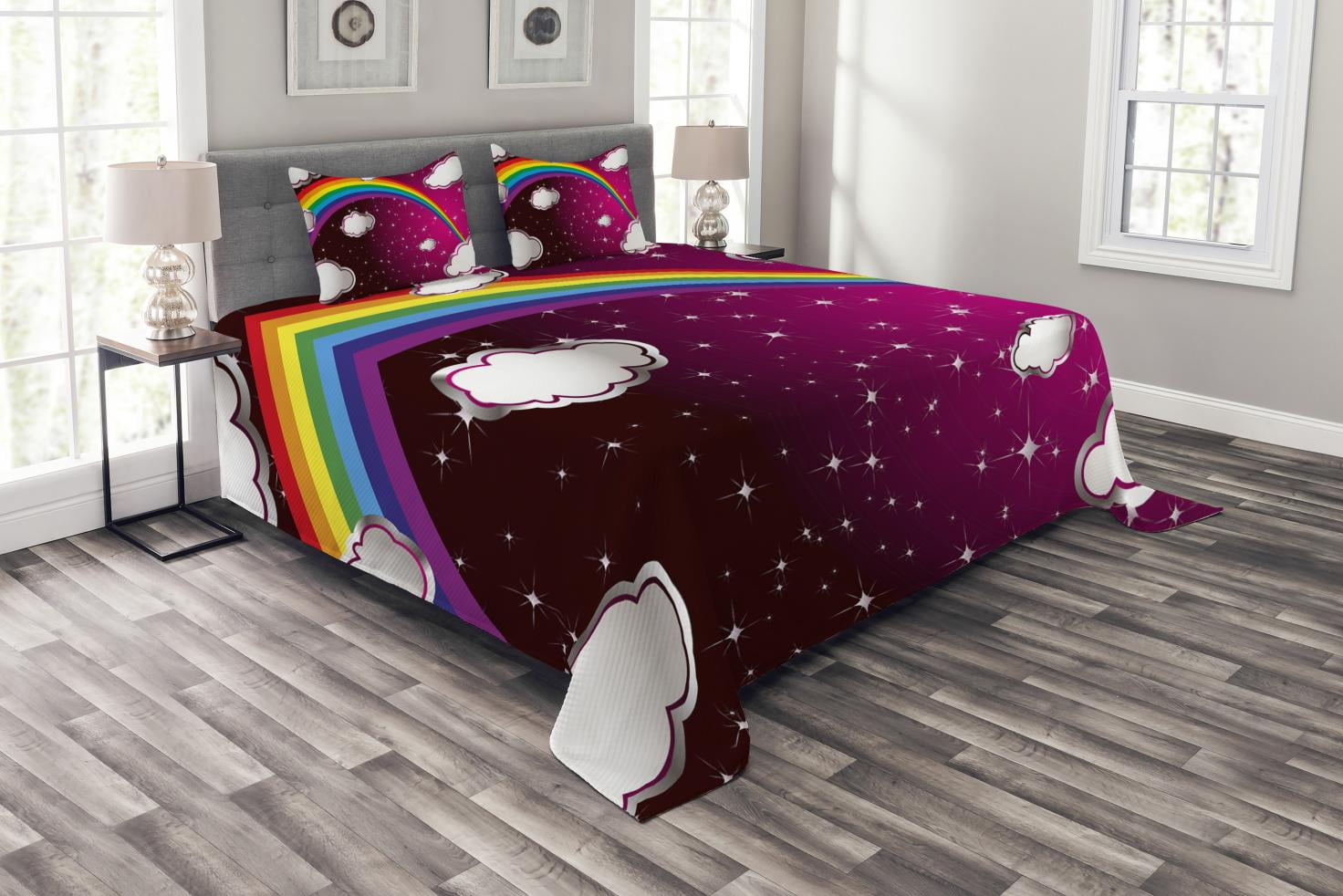 Cartoon Bedspread Set King Size, Rainbow Image with Colors Star Like
