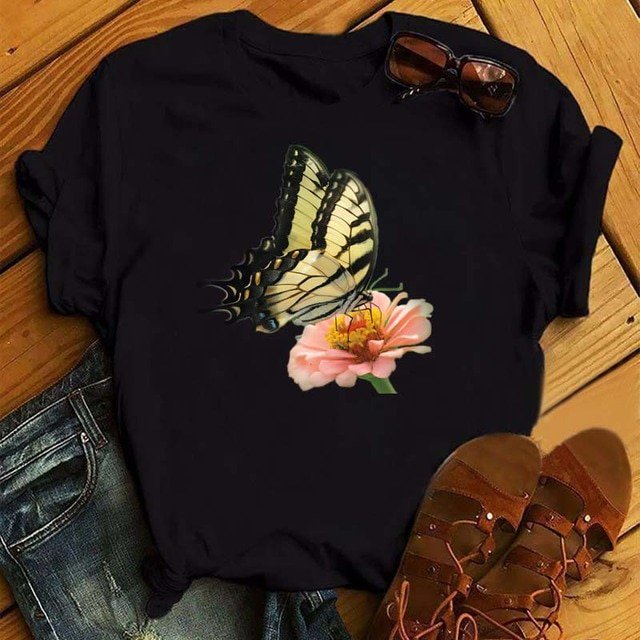 T-shirt Femme Imprimé Mode Fleur Papillon Manches Courtes Décontracté Haut Graphique