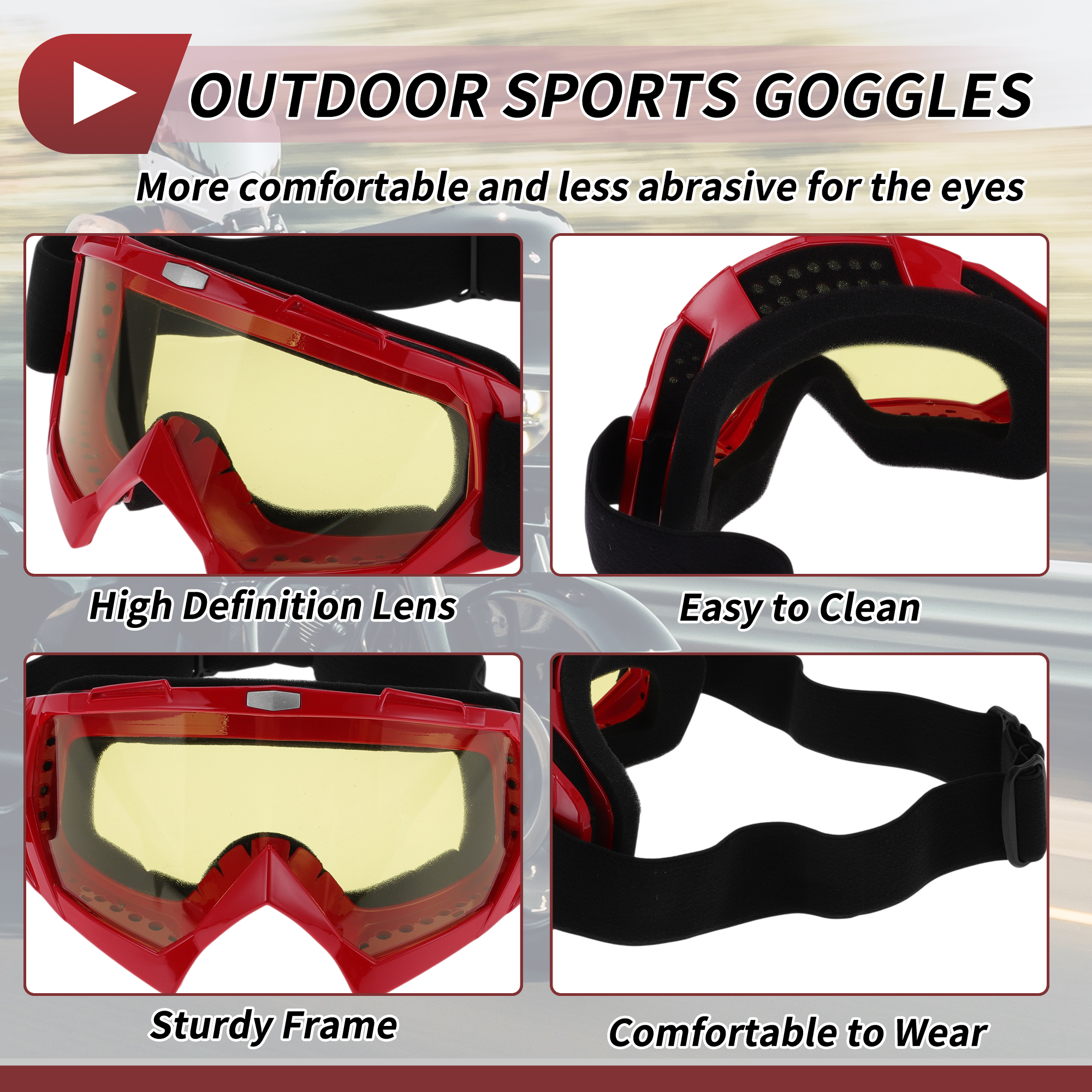 Unique Bargains 1 Set Motorcycle Riding Goggles PC TPU Outdoor Sports Sunglasses for Motocross Dirt Bike ATV Yellow Lens Red Frame