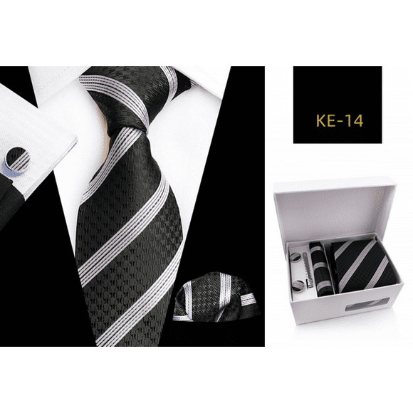 Men’s Gift Tie Set Silky Necktie Pocket Squares Tie Clips Cufflinks For Men, KE—14