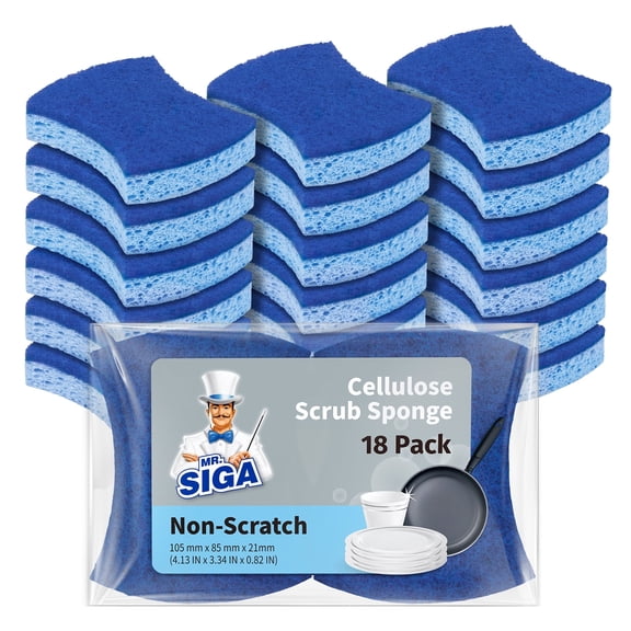 MR.SIGA Non-Scratch Cellulose Scrub Sponge, Dual-Sided Dishwashing Sponge for Kitchen, 18 Pack