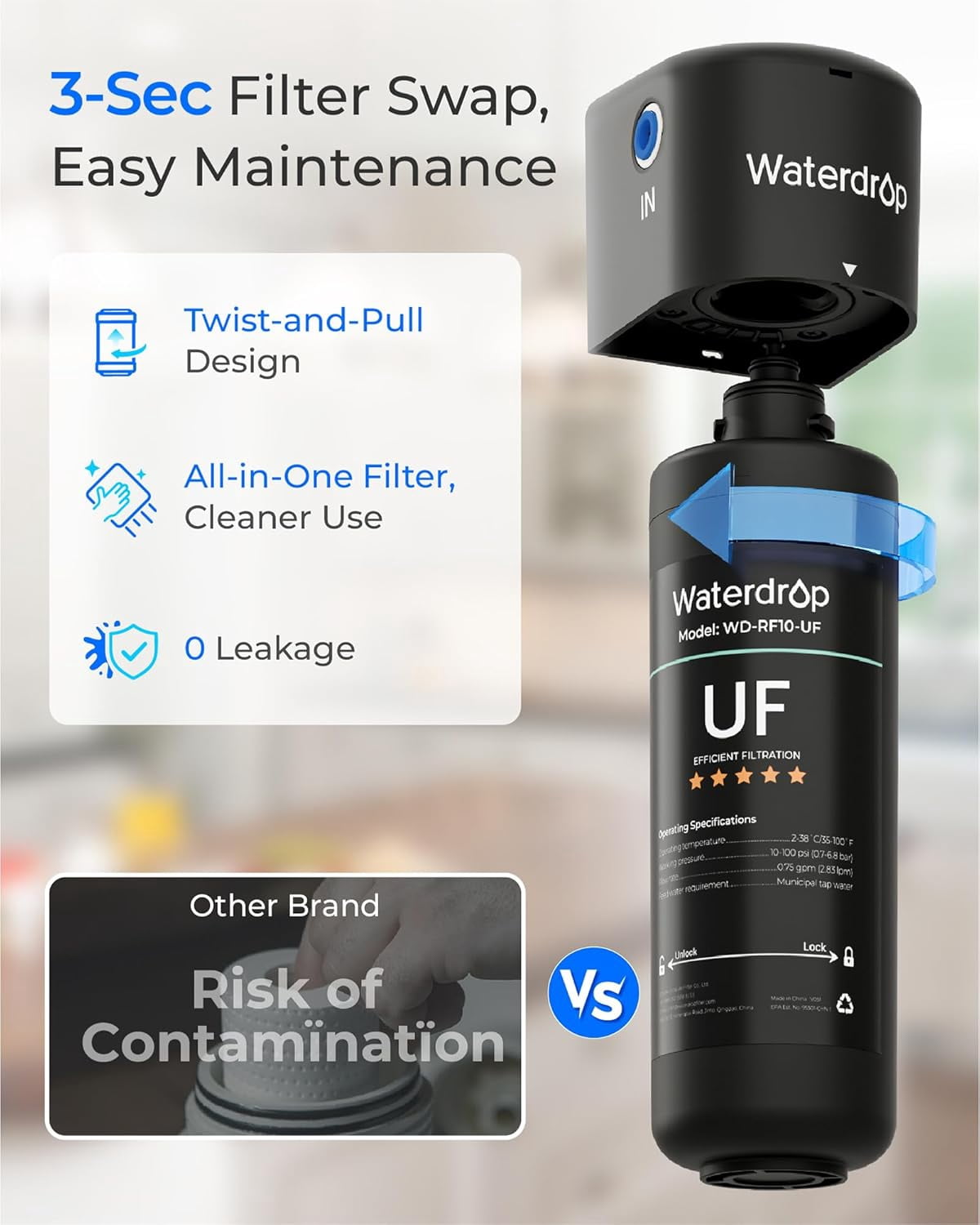 Waterdrop Under Sink Water Filter RF10-UF, Replacement Filter Cartridge For 10UA/10UA-UF/10UB/10UB-UF , 8K Gallons, 0.01 Micron