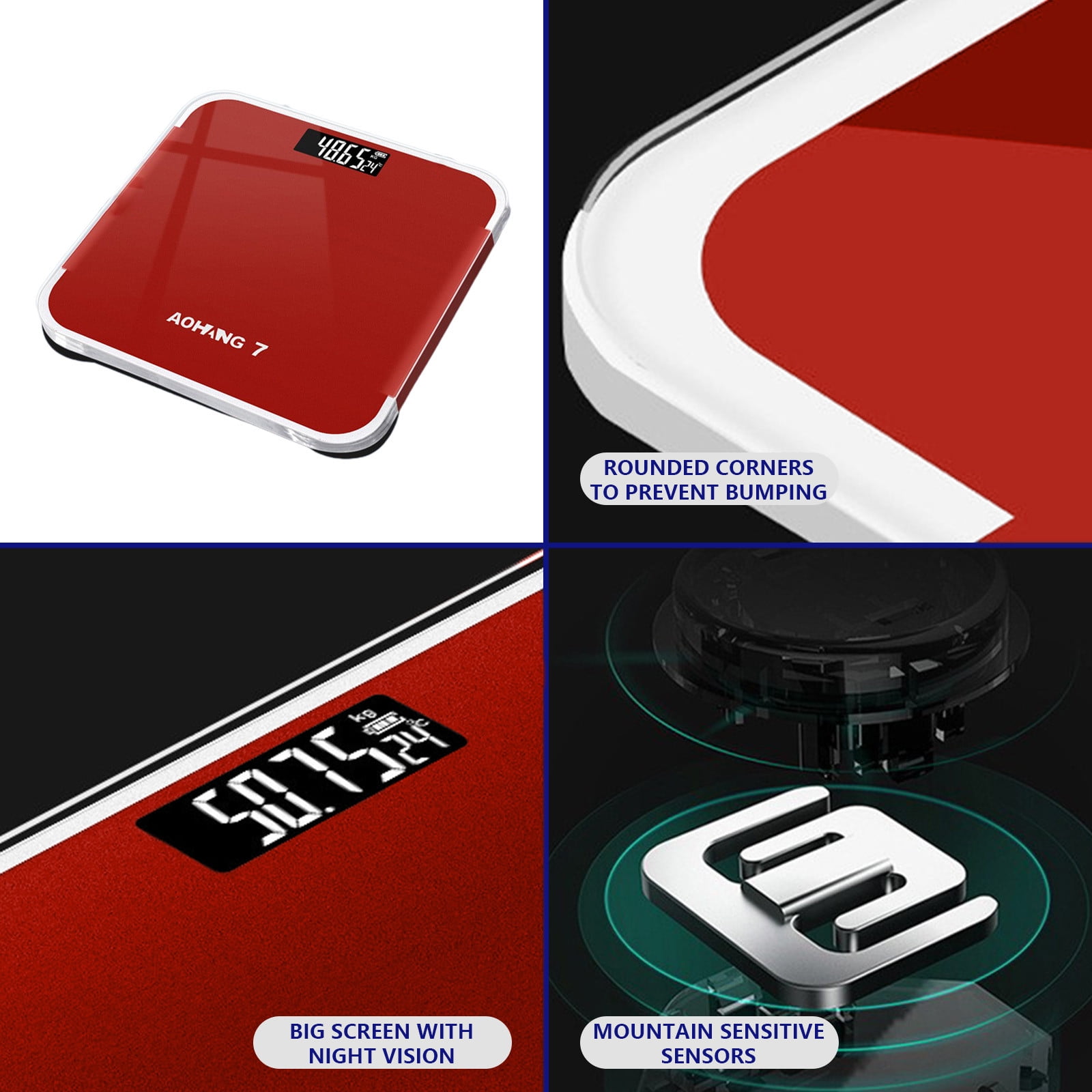 Weight Scale Digital Bathroom Scale LCD High-Definition Display | Electronic Body Weight Scale | 1pc | Tempered Glass | Rechargeable | High Accuracy | Durable Construction | Sleek Design | Red