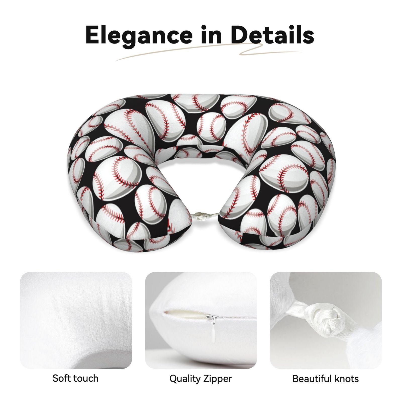 Xecao Cute Baseball Print Memory Foam Cervical Neck Pillow Versatile U-Shaped Pillows for Home,Office,Camping,Travelling,Soft Washable Cover