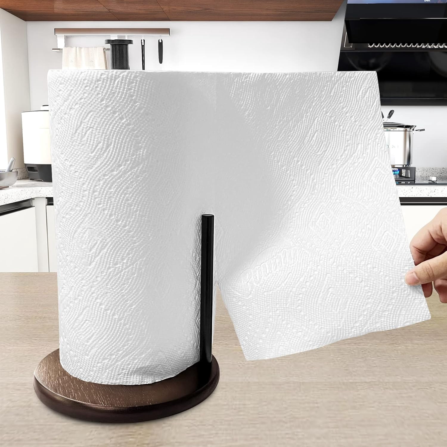 Wood Paper Towel Holder Countertop, , Farmhouse Kitchen Paper Towel Holders Stand with Real Wooden Base, fits Standard and Jumbo Size Paper Towels (Dark Brown)